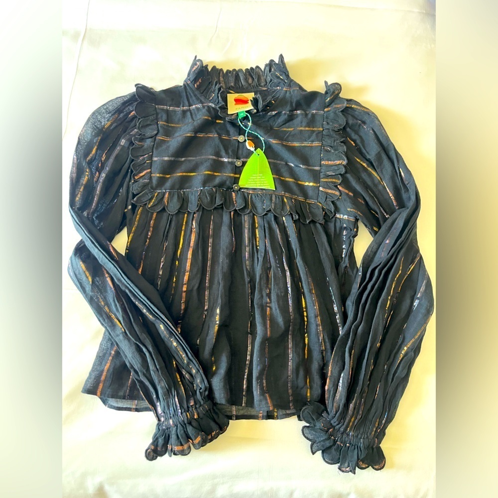 NWT Farm Rio Metallic Stripe Ruffle Shirt in Black XS
⭐️holes - Picture 9 of 9